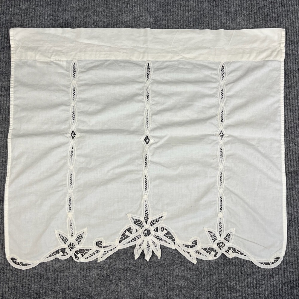 Cafe Curtain Panel 28x24 White Cotton Cutwork Lace Floral Scalloped Cottage